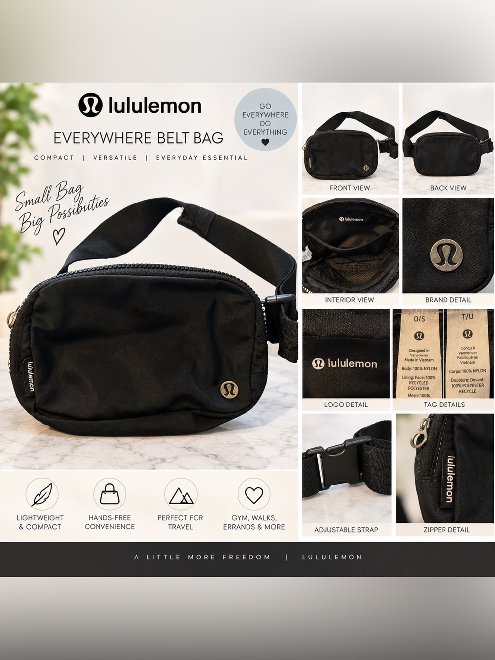 lululemon Everywhere Belt Bag 1L Black O/S Crossbody